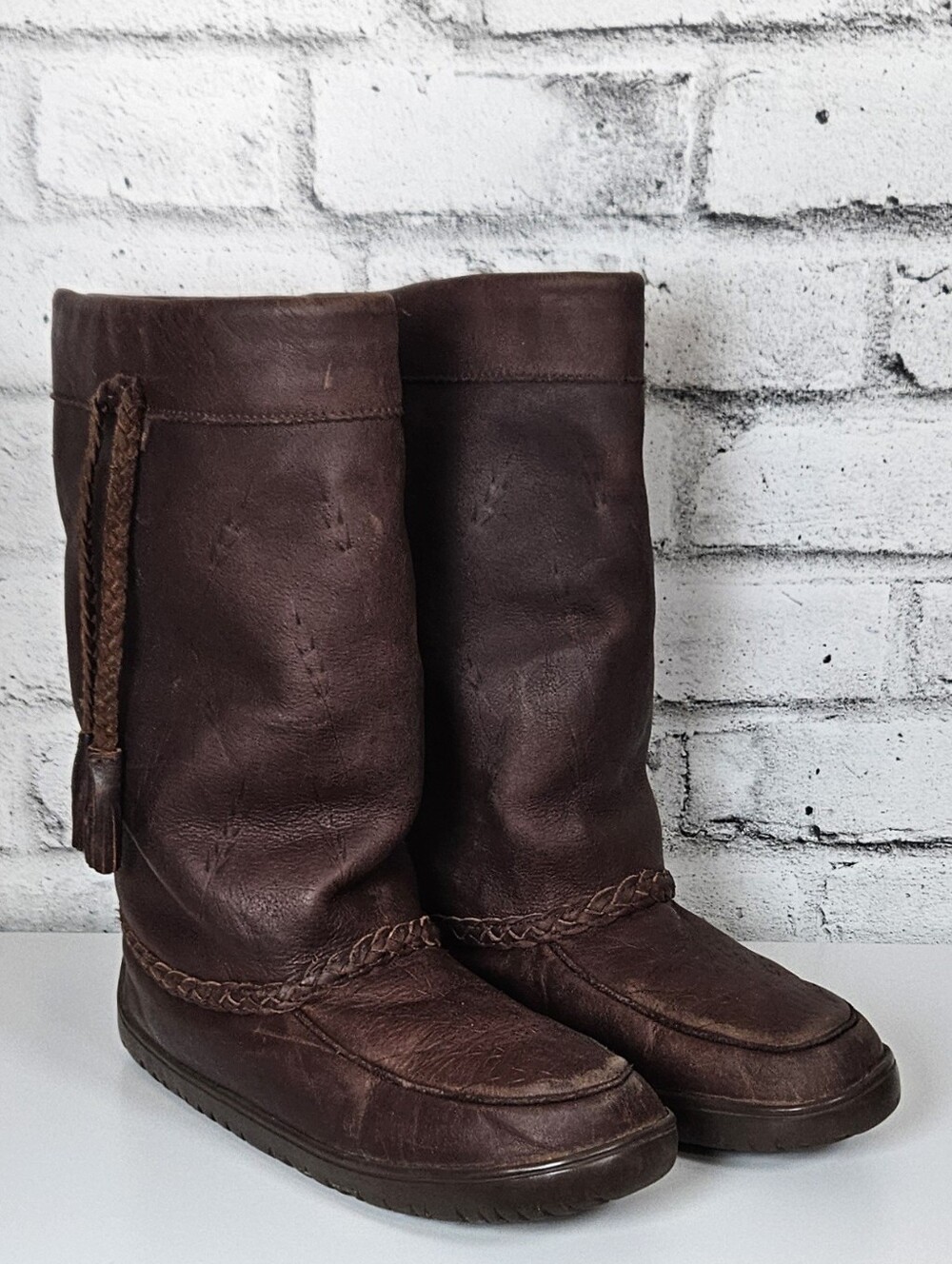 Women's Brown Leather Moccasin Boots with Braided Detail